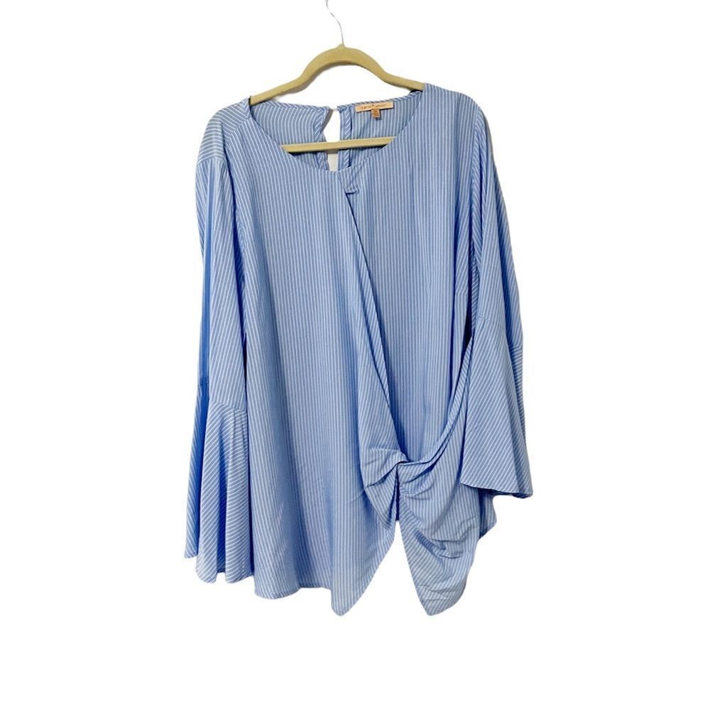 🟢Gibson Latimer Almafi Coast Blue White Striped Bell Sleeve Blouse Size 2X